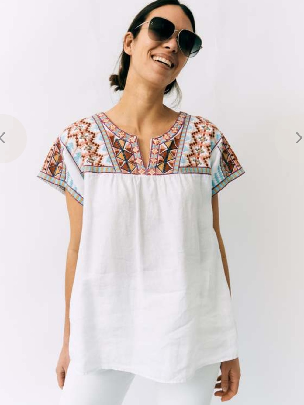 Johnny Was Ezra White 100% Linen Embroidered Geometric Boho Blouse Size XS